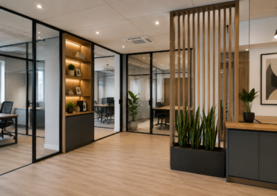 Aménagement de bureaux professionnels avec cloisons vitrées et faux plafond à Coutras.